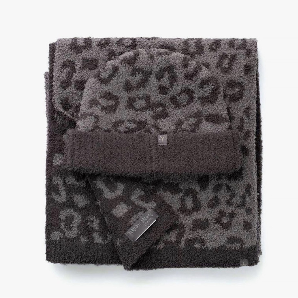 Barefoot Dreams Leopard Print Beanie and Scarf Set - Charcoal